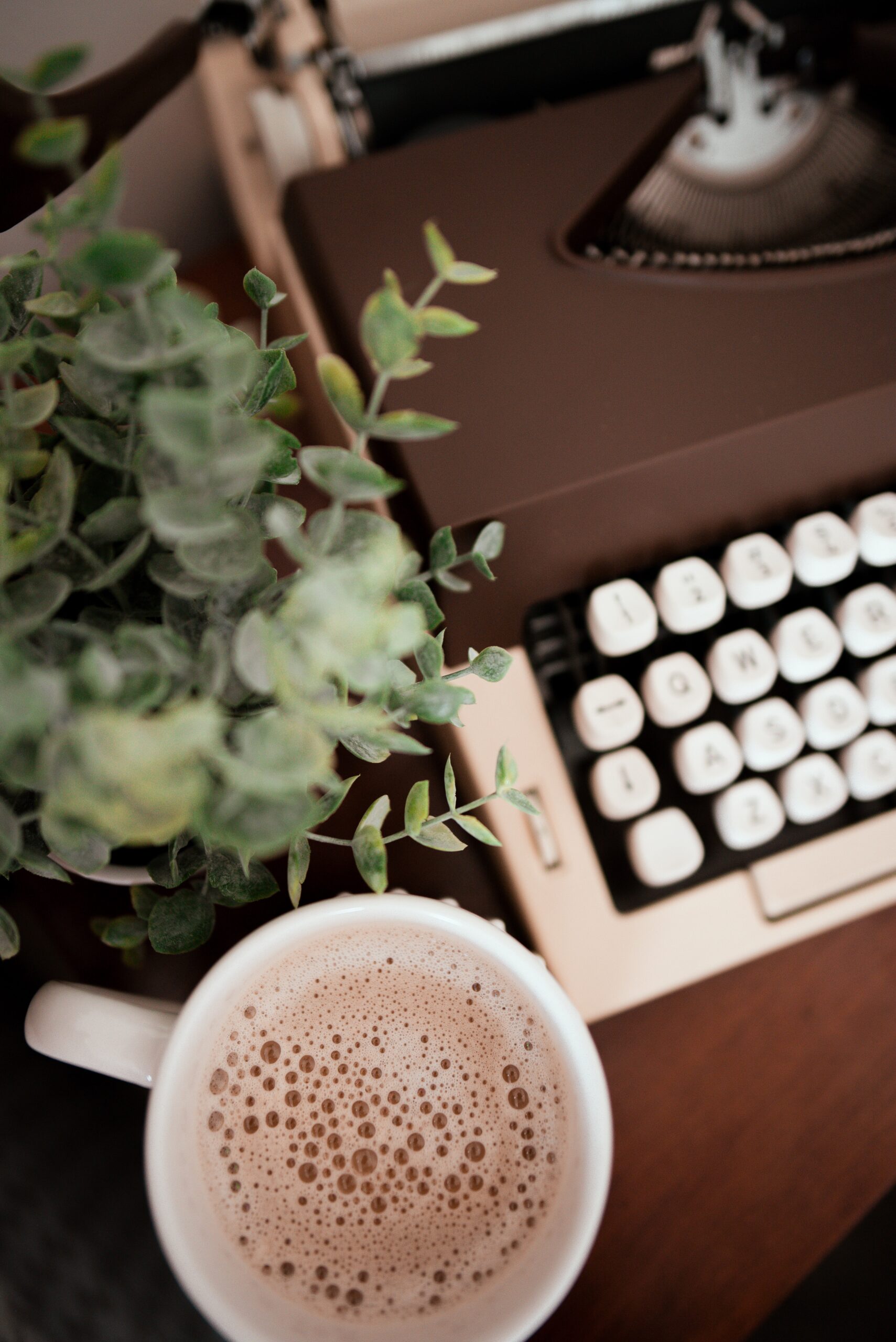 aesthetically pleasing cup of coffee, with a plant and brown and white typewriter